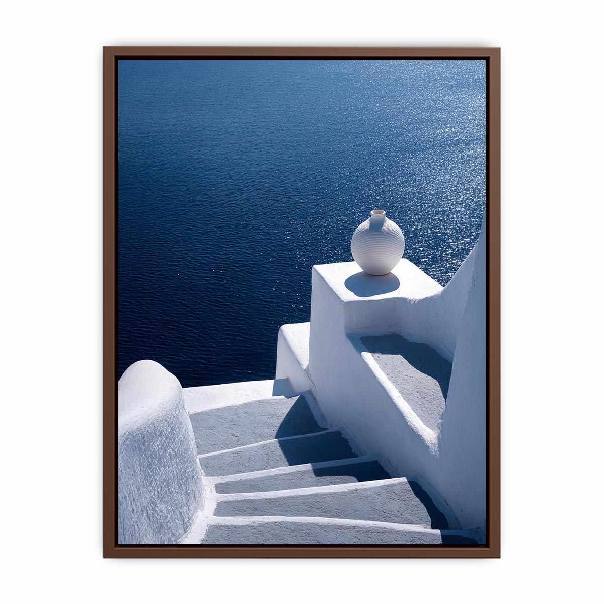 Santorini white stairs and blue sea canvas art for Mediterranean living room decor.