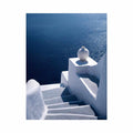 Santorini white stairs and blue sea canvas art for Mediterranean living room decor.