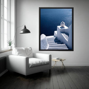 Santorini white stairs and blue sea canvas art for Mediterranean living room decor.