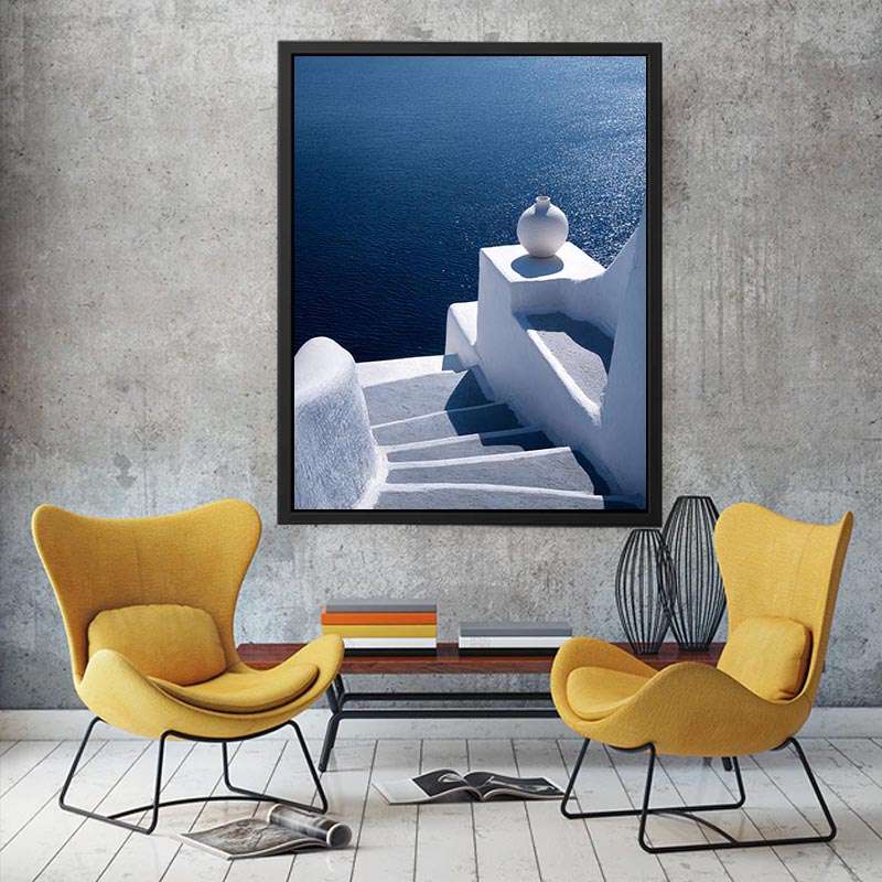 Santorini white stairs and blue sea canvas art for Mediterranean living room decor.