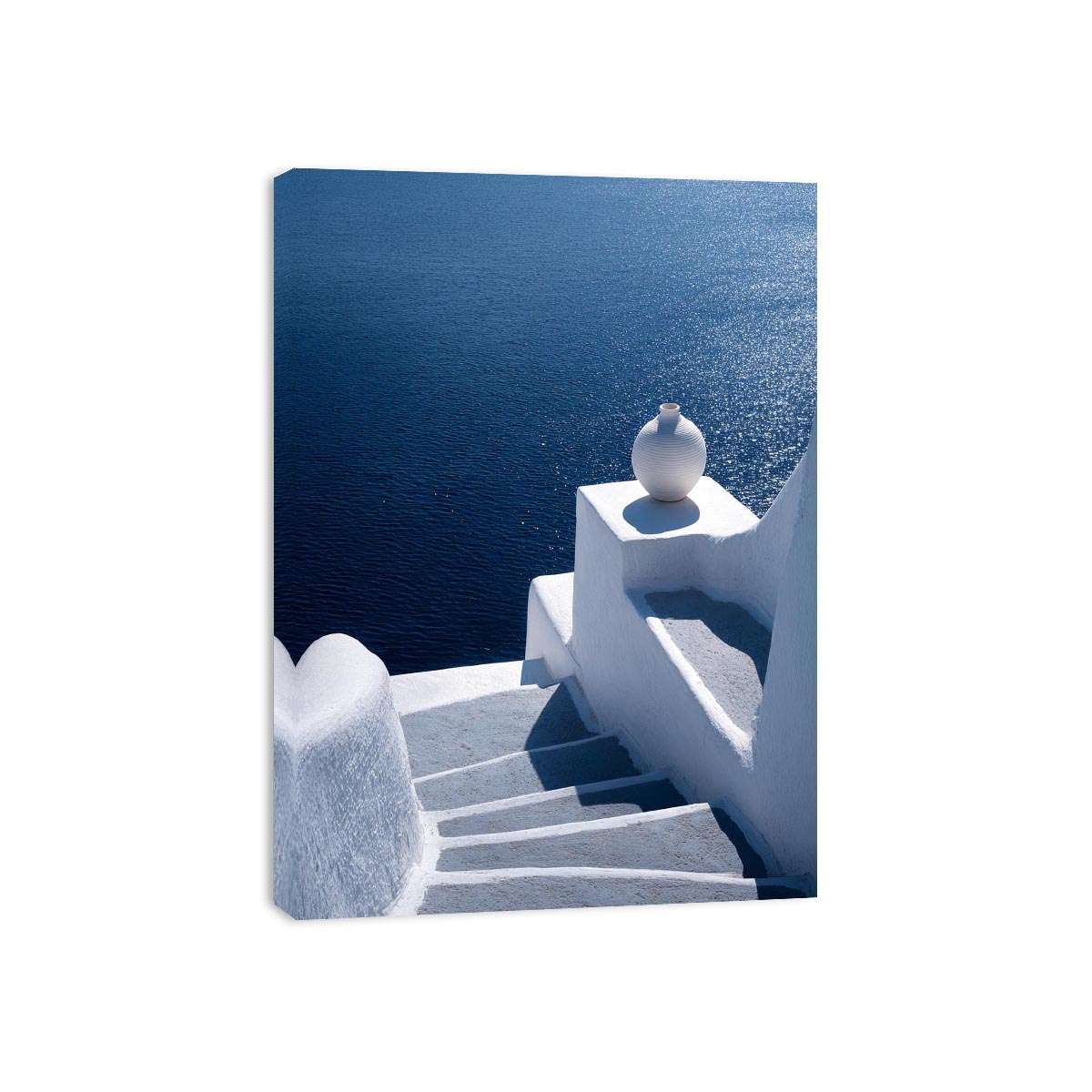 Santorini white stairs and blue sea canvas art for Mediterranean living room decor.