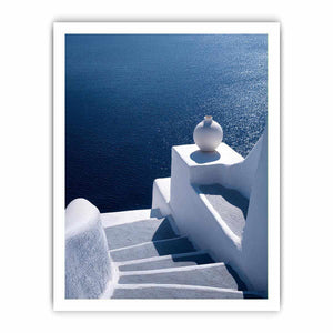 Santorini white stairs and blue sea canvas art for Mediterranean living room decor.