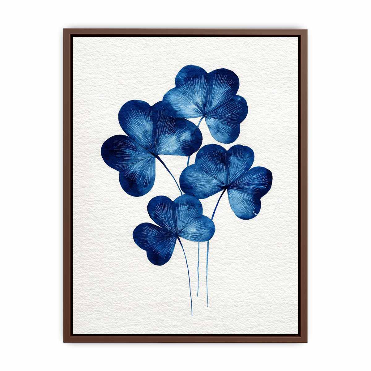 Blue botanical clover watercolor canvas art for serene bedroom or bathroom decor.