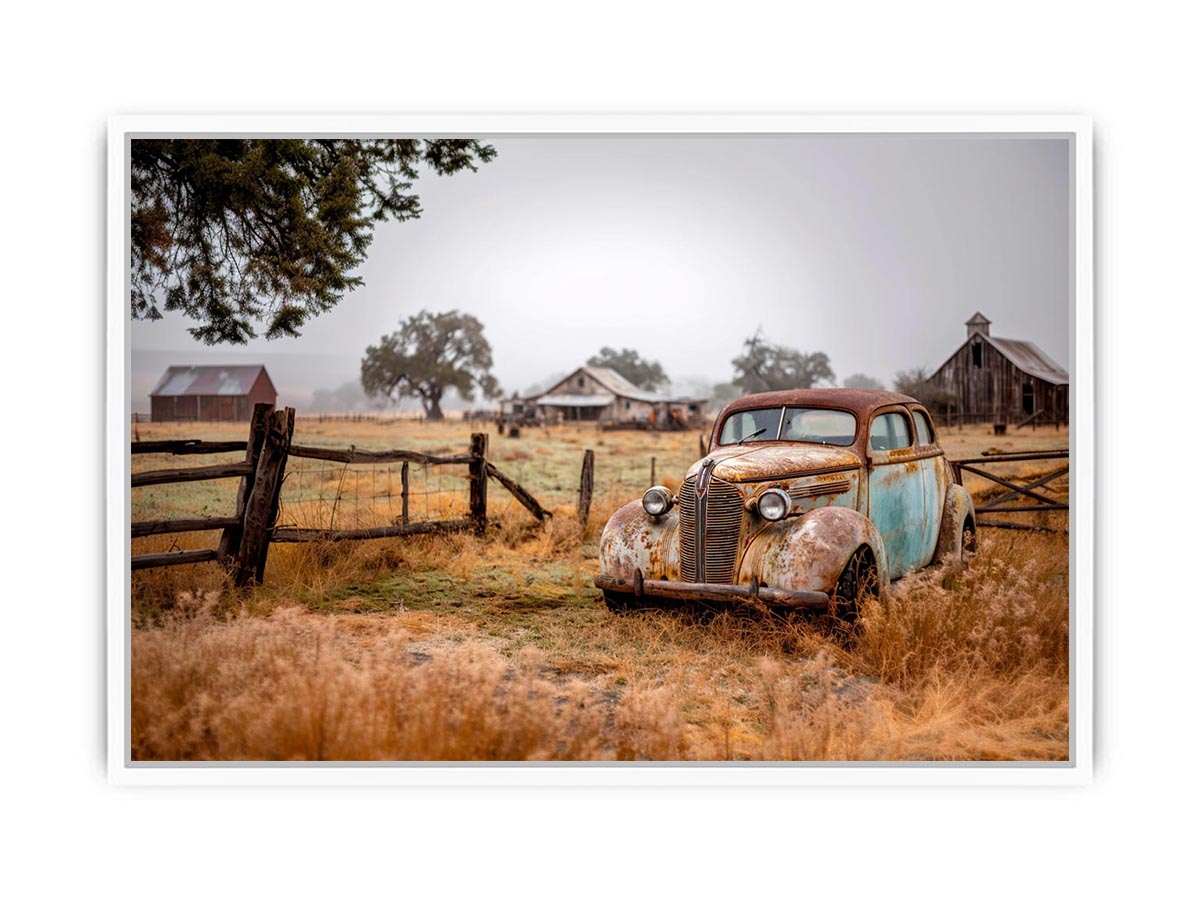 Weathered vintage car and rustic farm canvas art for farmhouse living room decor.