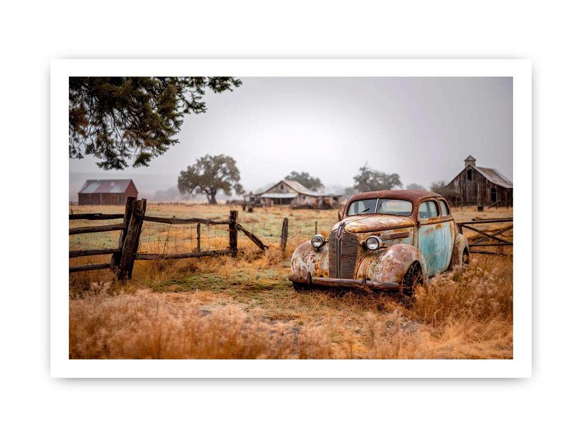 Weathered vintage car and rustic farm canvas art for farmhouse living room decor.