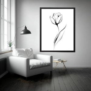 Minimal black and white tulip line art canvas for modern bedroom wall decor.