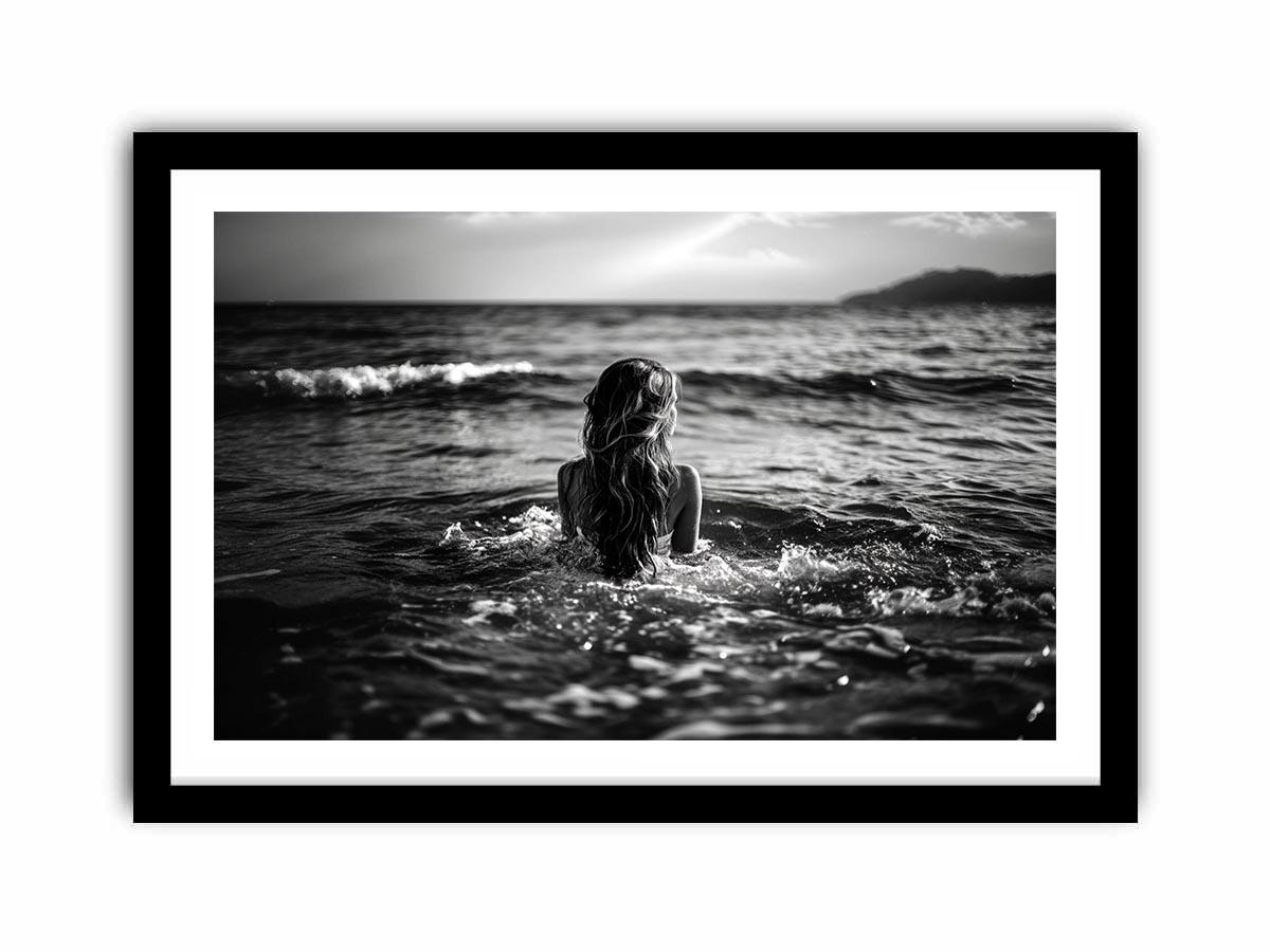 Black and white woman in ocean canvas art for dramatic modern living room decor.