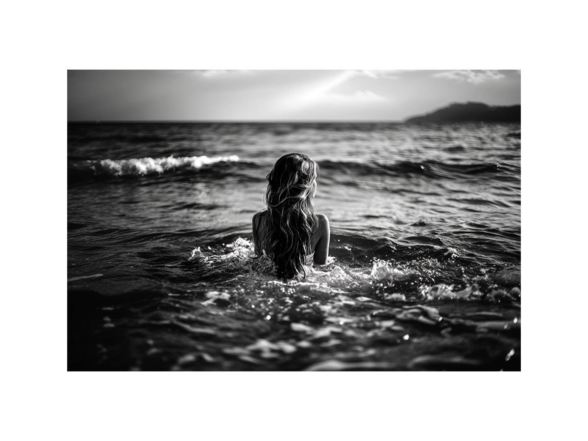 Black and white woman in ocean canvas art for dramatic modern living room decor.