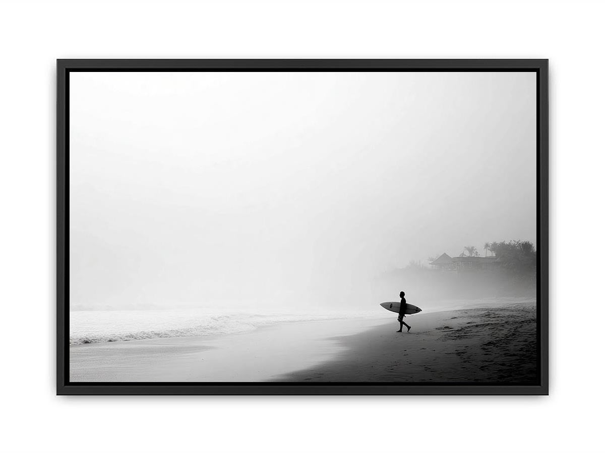 Black and white surfer beach canvas art for calm modern coastal wall decor.