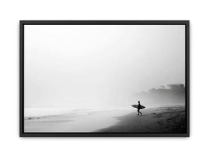 Black and white surfer beach canvas art for calm modern coastal wall decor.