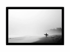 Black and white surfer beach canvas art for calm modern coastal wall decor.