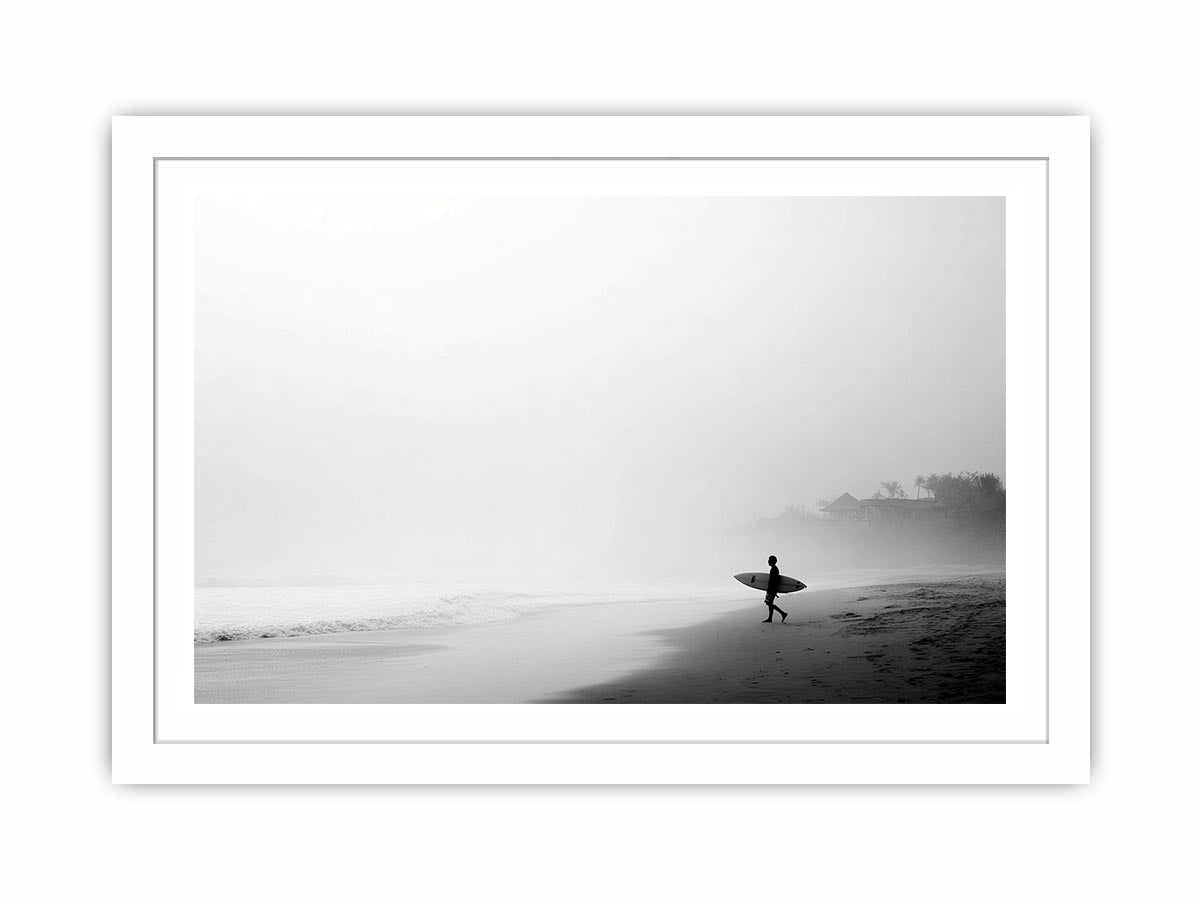 Black and white surfer beach canvas art for calm modern coastal wall decor.