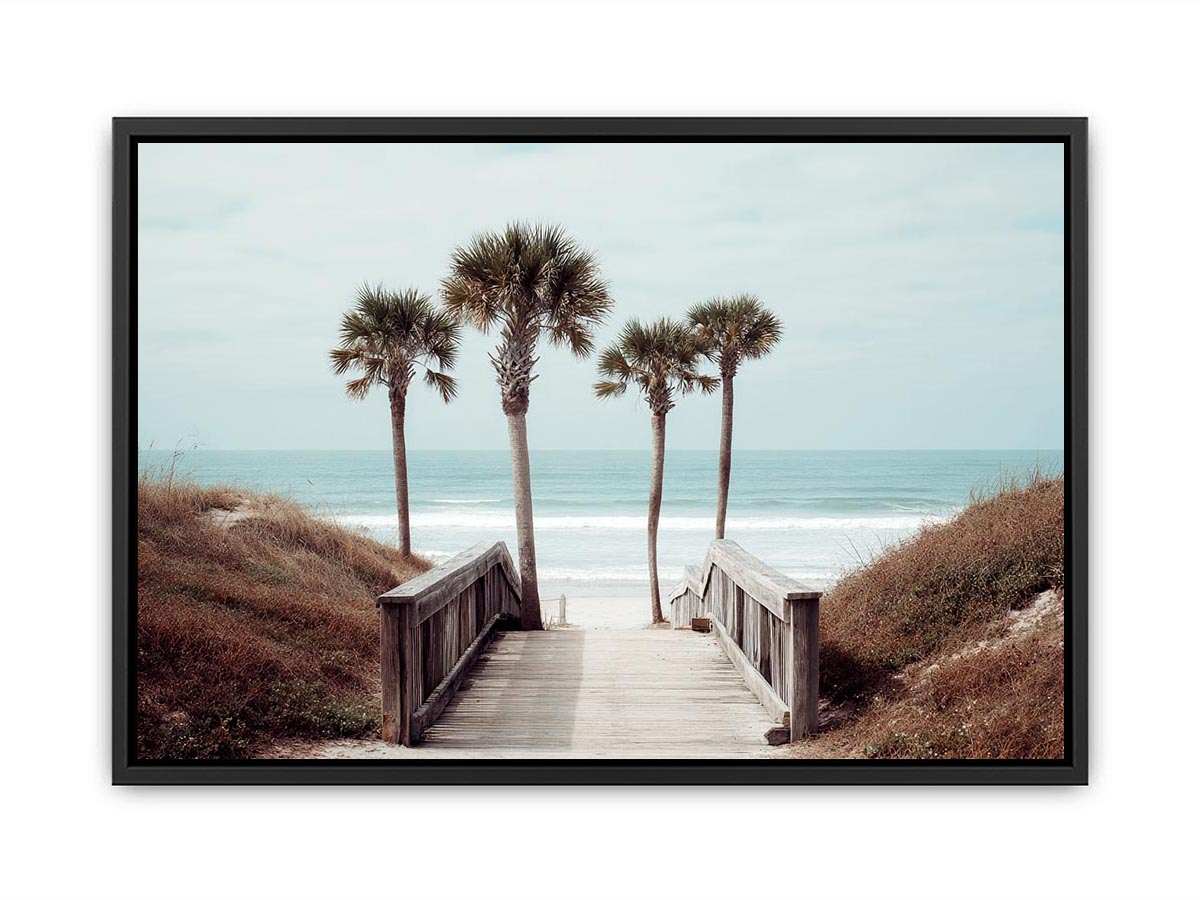 Coastal boardwalk with palm trees and ocean view for relaxed living room decor.