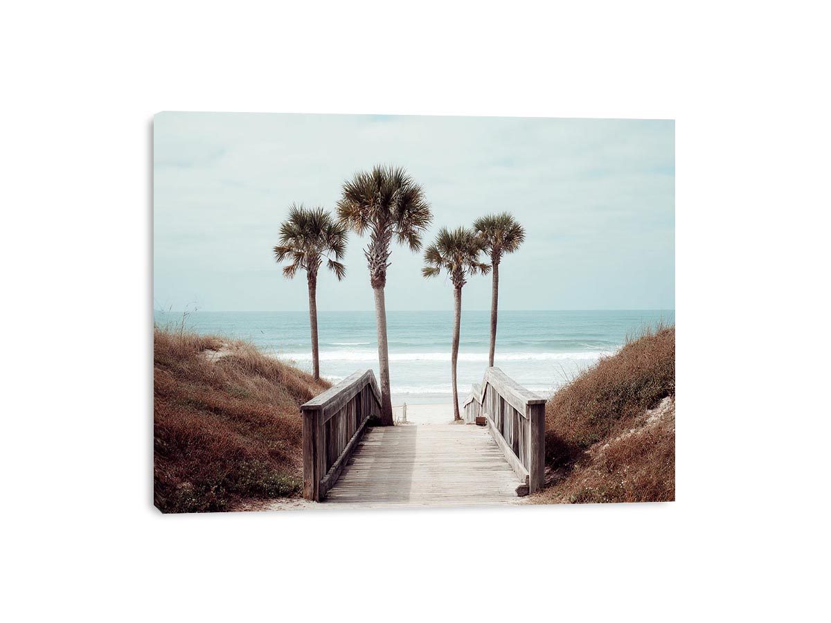 Coastal boardwalk with palm trees and ocean view for relaxed living room decor.
