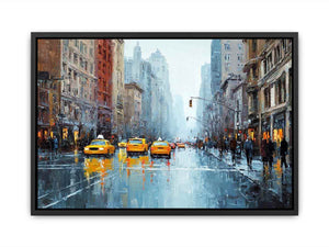 Rainy city street with yellow taxis and reflections for modern office wall art.