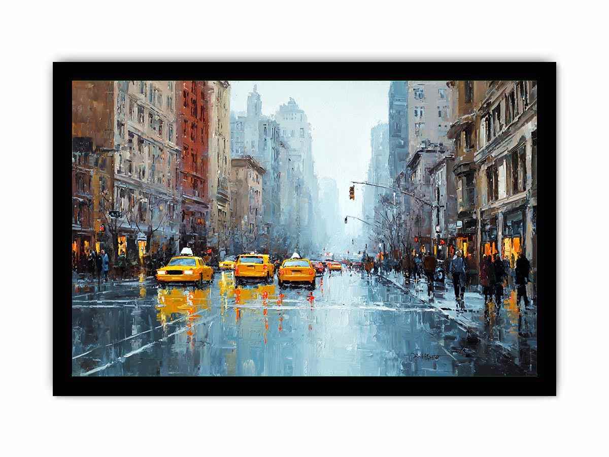 Rainy city street with yellow taxis and reflections for modern office wall art.