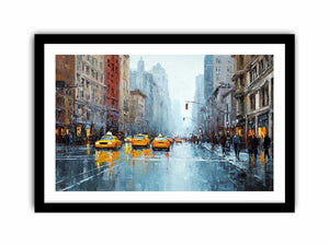 Rainy city street with yellow taxis and reflections for modern office wall art.