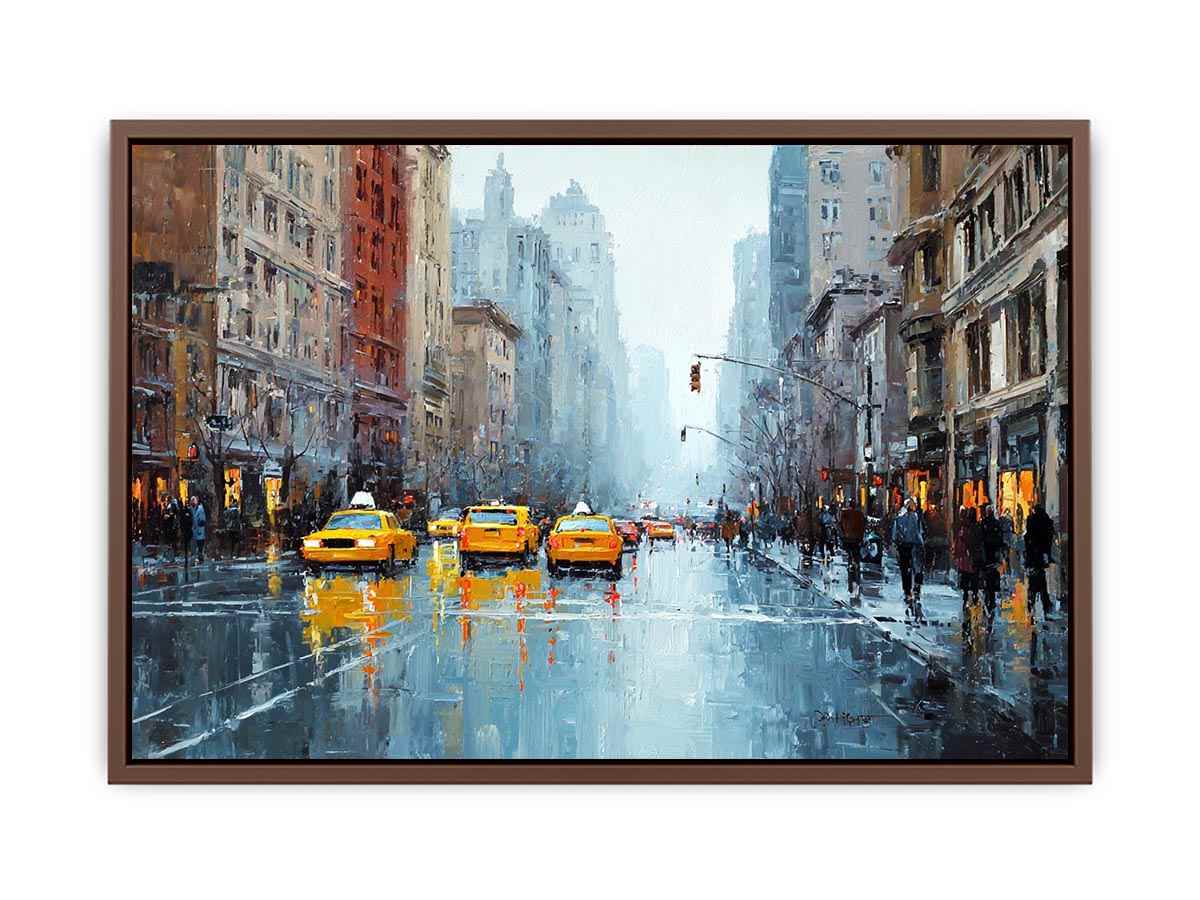 Rainy city street with yellow taxis and reflections for modern office wall art.