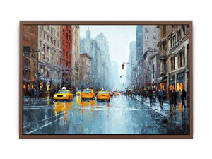 Rainy city street with yellow taxis and reflections for modern office wall art.