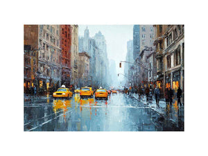 Rainy city street with yellow taxis and reflections for modern office wall art.