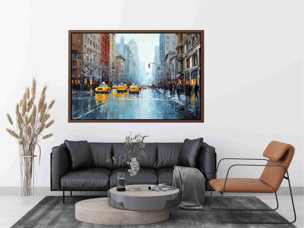 Rainy city street with yellow taxis and reflections for modern office wall art.