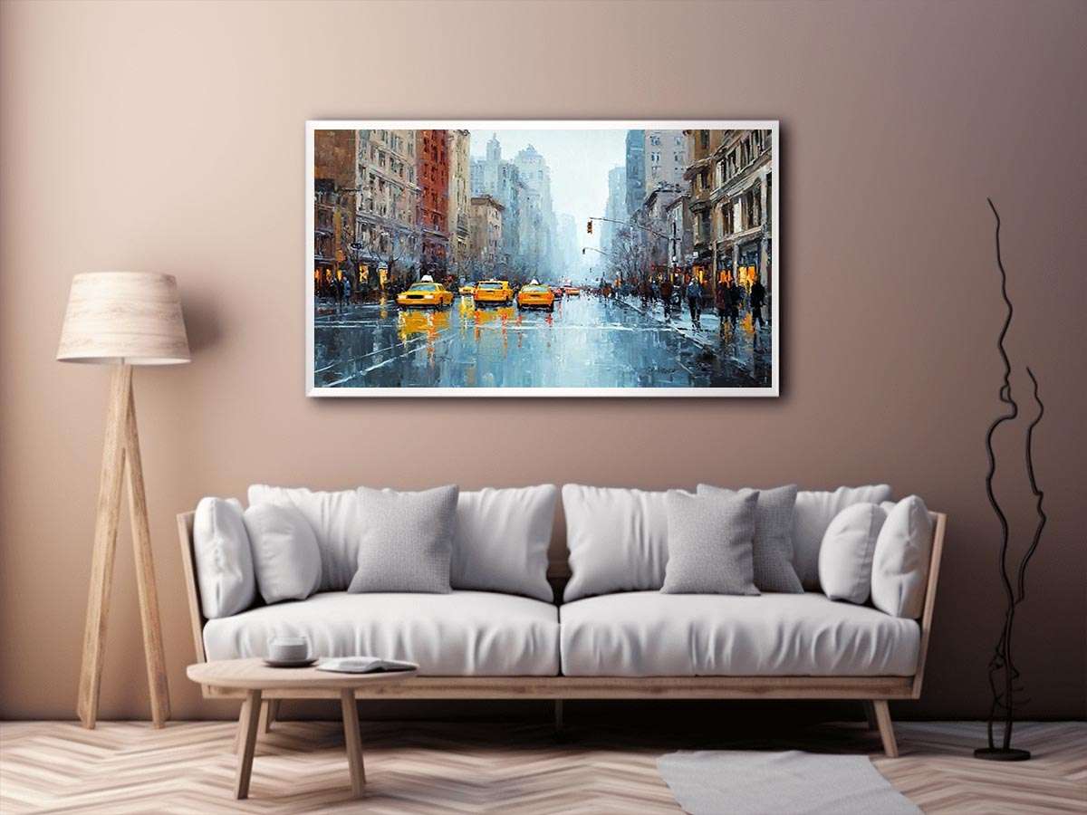 Rainy city street with yellow taxis and reflections for modern office wall art.