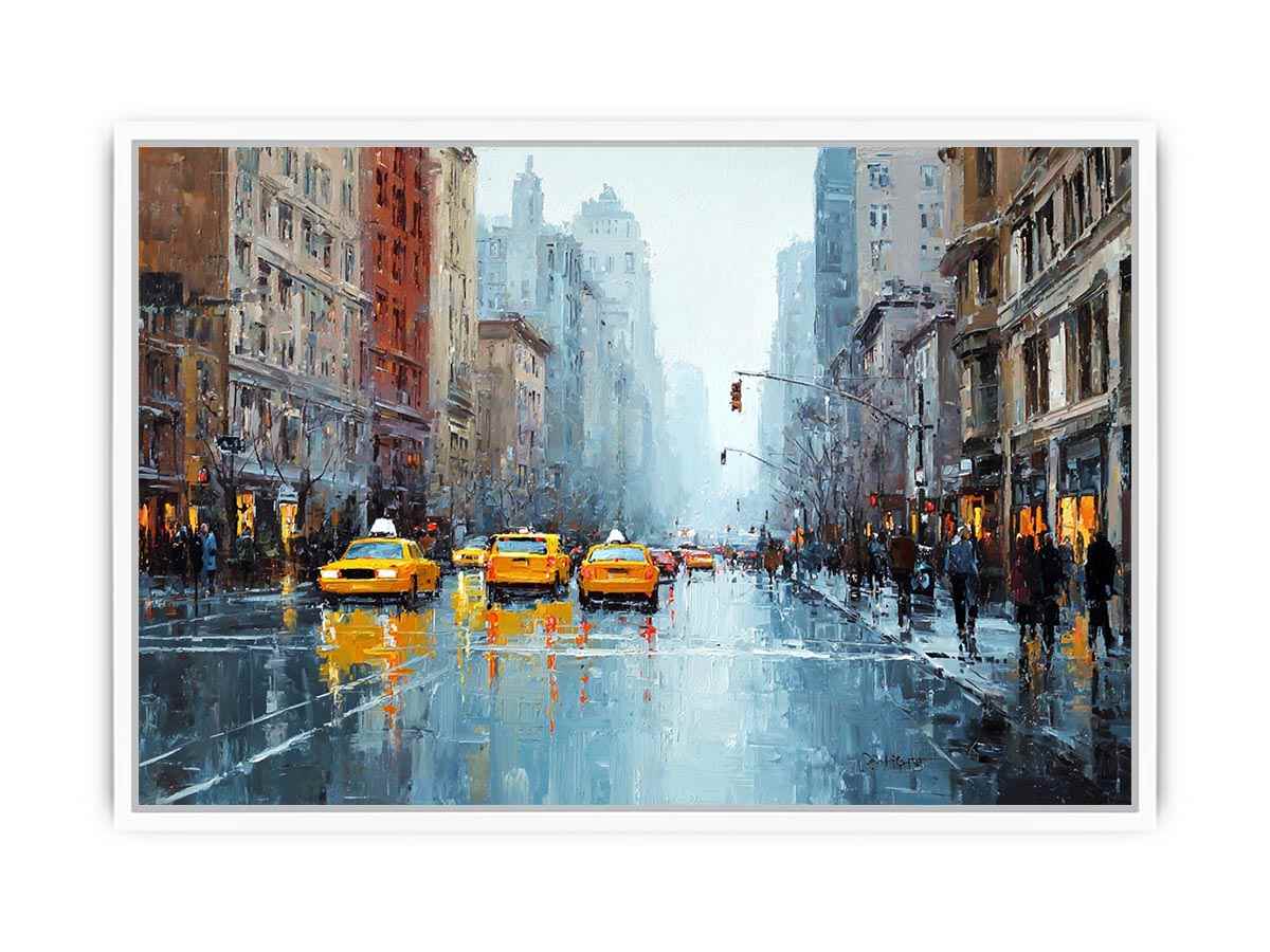 Rainy city street with yellow taxis and reflections for modern office wall art.
