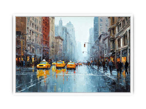 Rainy city street with yellow taxis and reflections for modern office wall art.