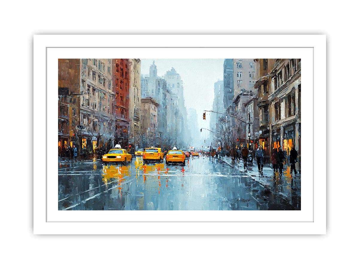Rainy city street with yellow taxis and reflections for modern office wall art.