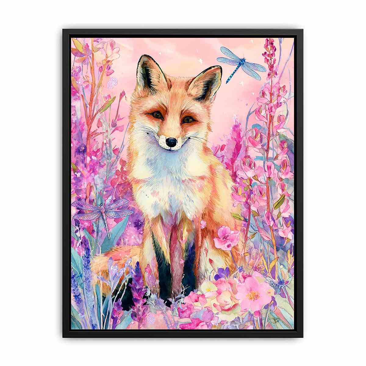 Watercolor fox with pink flowers and dragonflies for whimsical bedroom decor.