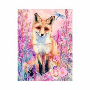 Watercolor fox with pink flowers and dragonflies for whimsical bedroom decor.