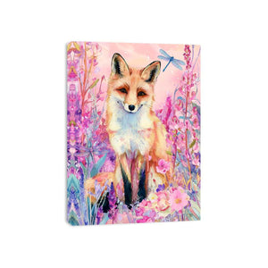 Watercolor fox with pink flowers and dragonflies for whimsical bedroom decor.