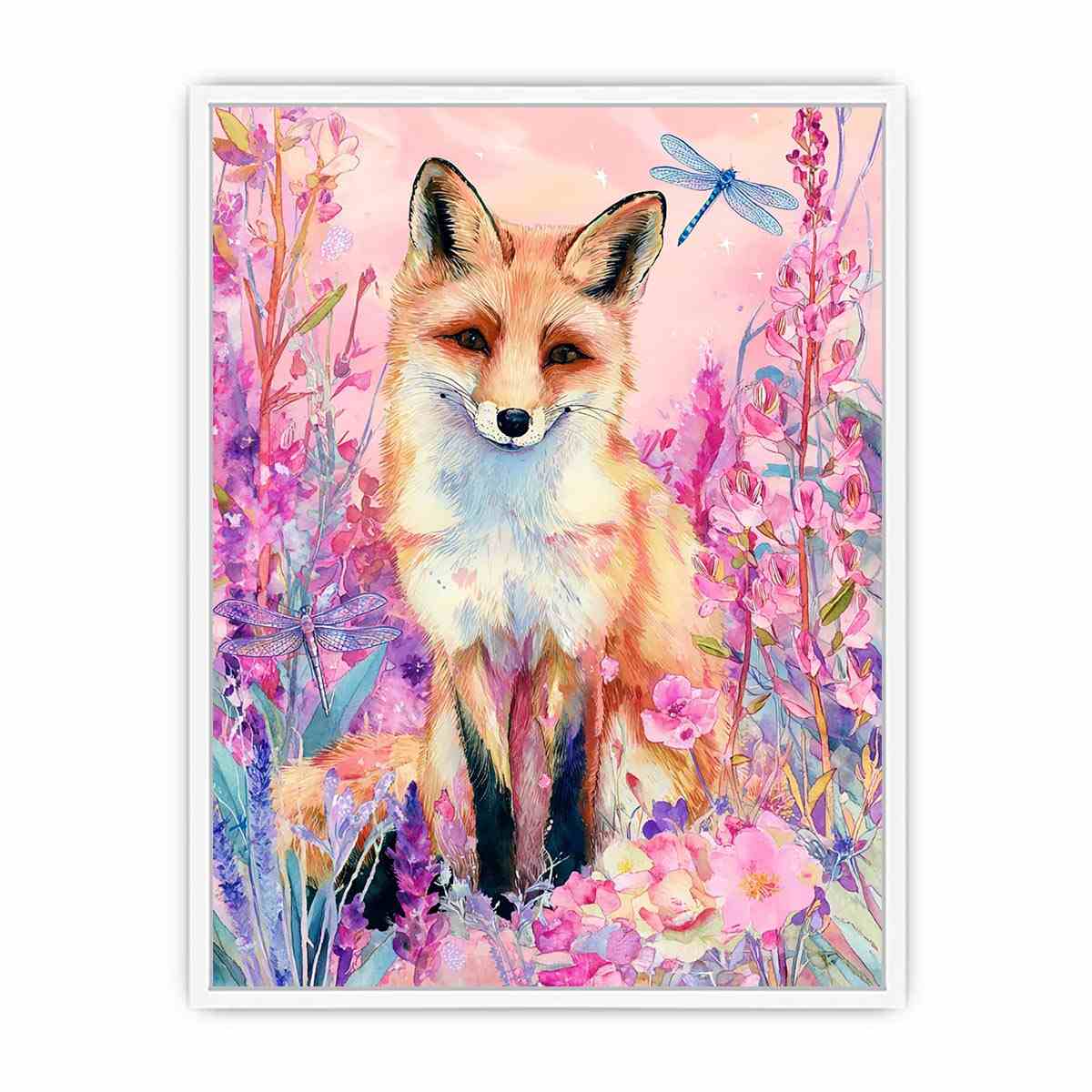 Watercolor fox with pink flowers and dragonflies for whimsical bedroom decor.