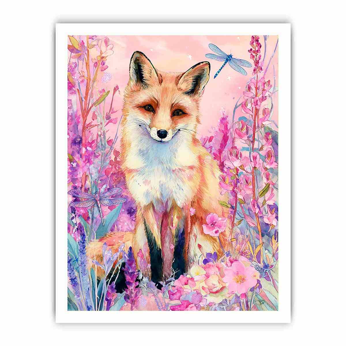 Watercolor fox with pink flowers and dragonflies for whimsical bedroom decor.