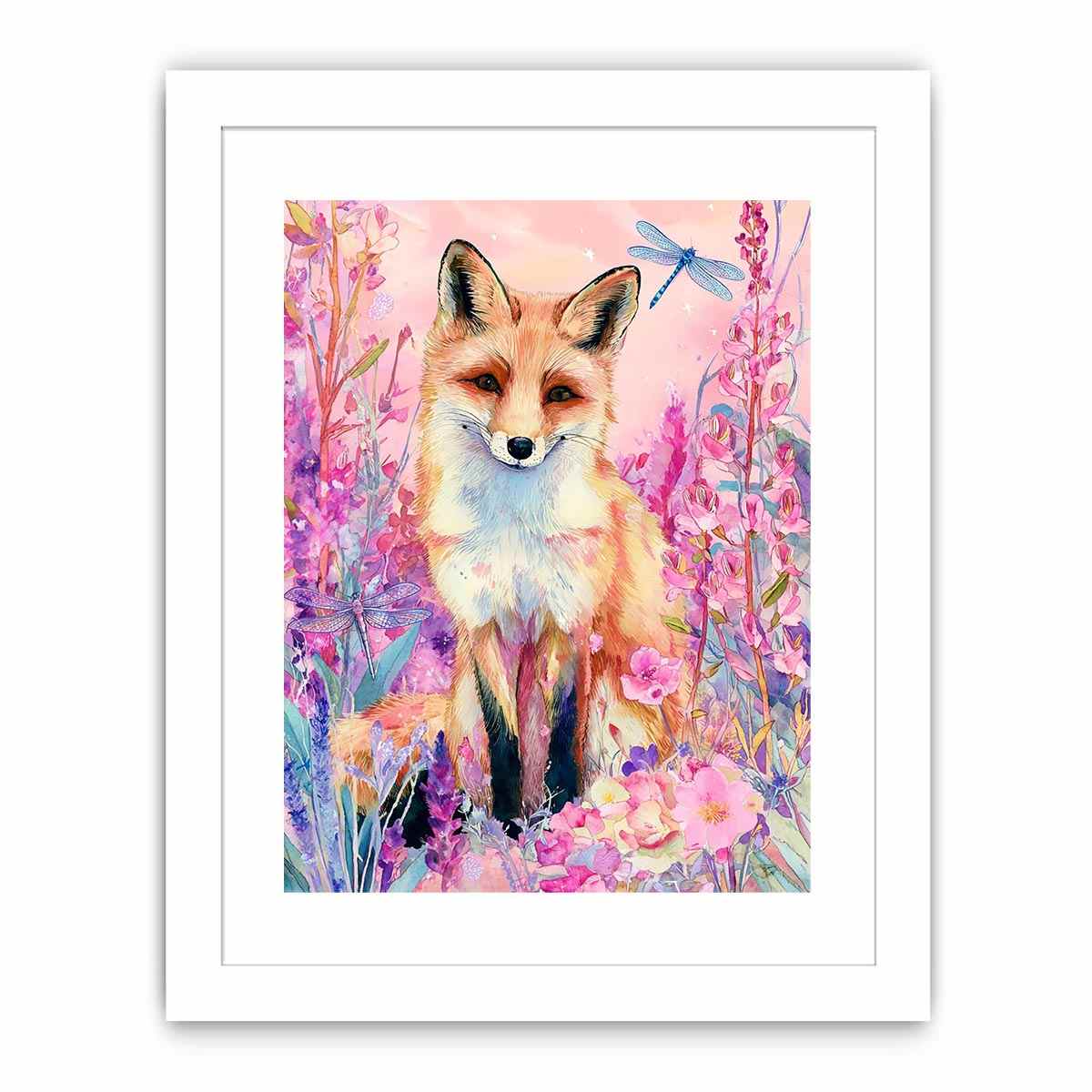 Watercolor fox with pink flowers and dragonflies for whimsical bedroom decor.