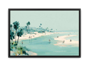 Soft aqua beach painting with palms and shoreline figures for coastal living room decor.
