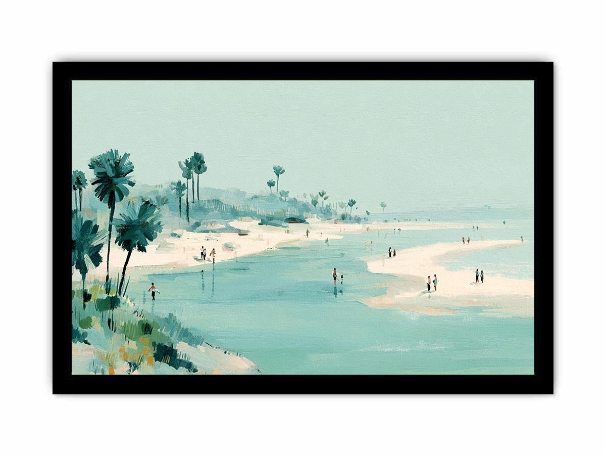 Soft aqua beach painting with palms and shoreline figures for coastal living room decor.