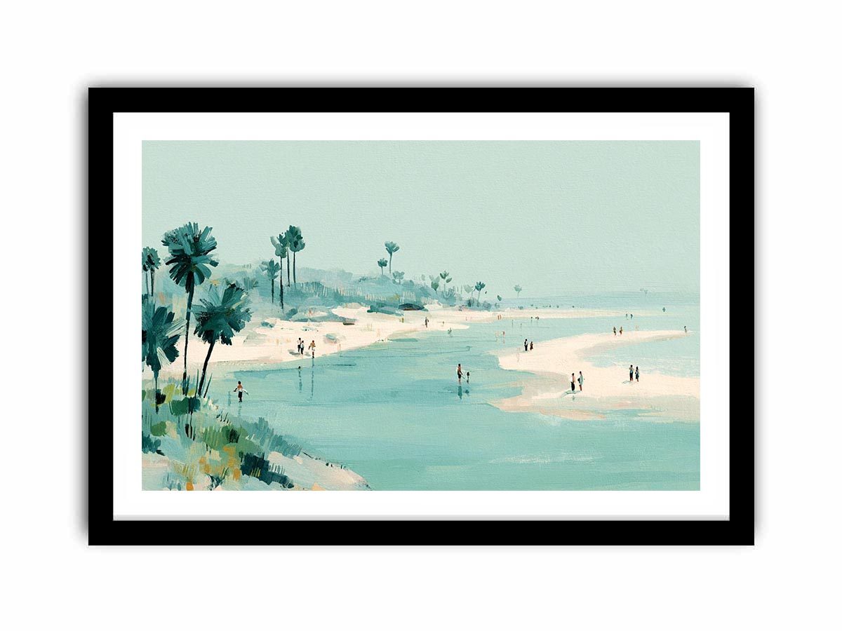 Soft aqua beach painting with palms and shoreline figures for coastal living room decor.