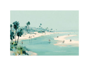 Soft aqua beach painting with palms and shoreline figures for coastal living room decor.