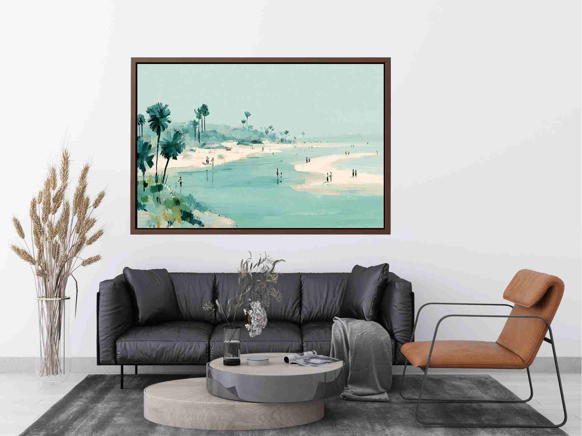 Soft aqua beach painting with palms and shoreline figures for coastal living room decor.