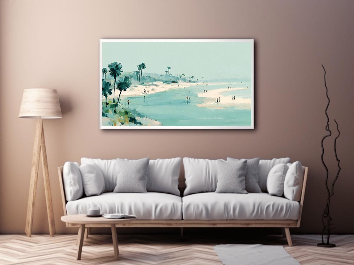 Soft aqua beach painting with palms and shoreline figures for coastal living room decor.