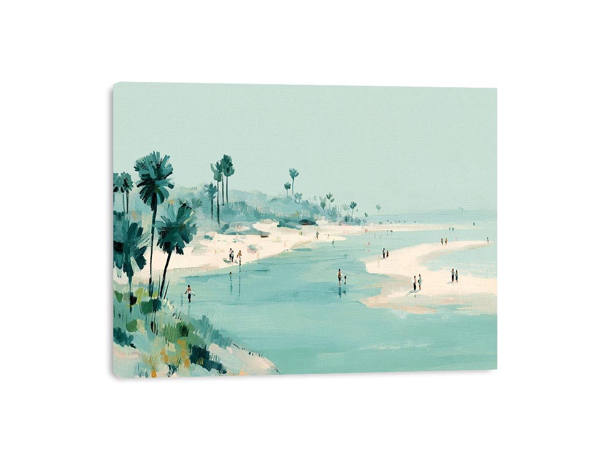 Soft aqua beach painting with palms and shoreline figures for coastal living room decor.