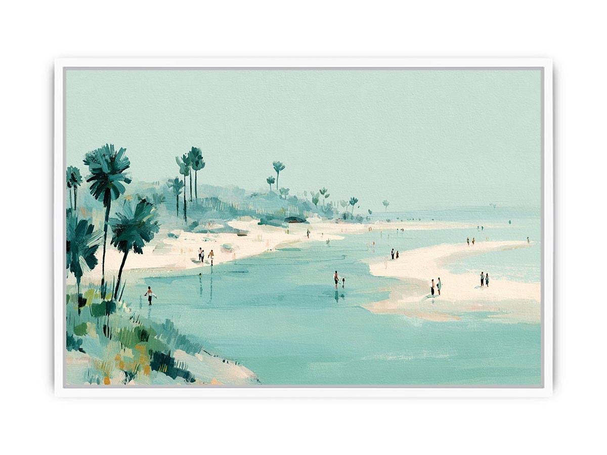Soft aqua beach painting with palms and shoreline figures for coastal living room decor.