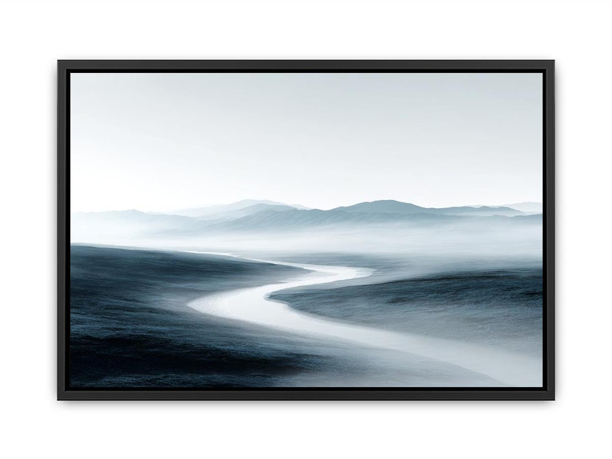 Misty blue gray mountain valley with winding river for calm modern living room decor.