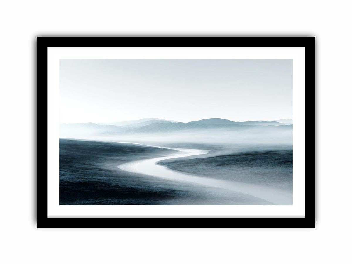Misty blue gray mountain valley with winding river for calm modern living room decor.