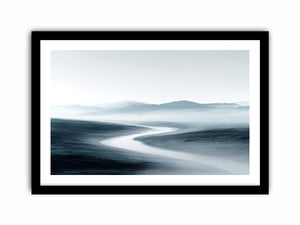 Misty blue gray mountain valley with winding river for calm modern living room decor.