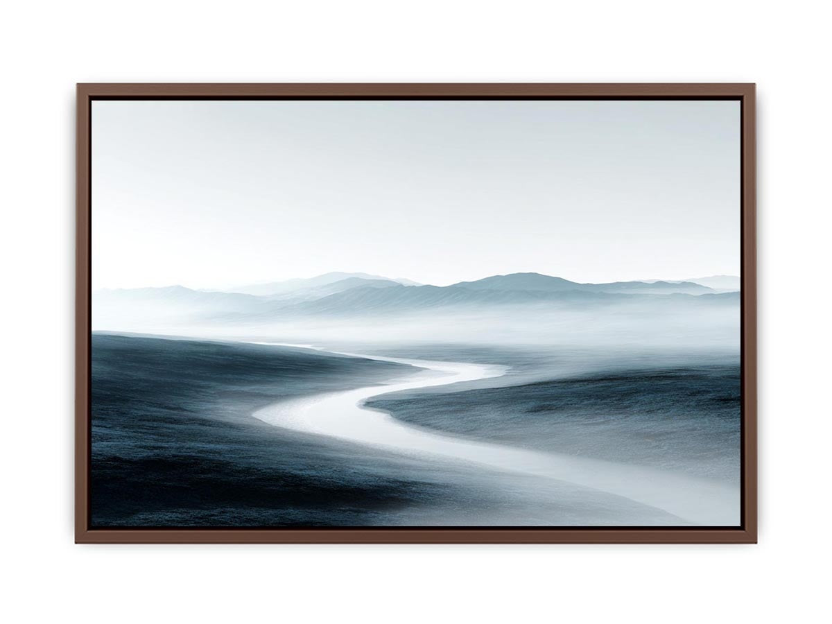 Misty blue gray mountain valley with winding river for calm modern living room decor.