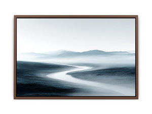 Misty blue gray mountain valley with winding river for calm modern living room decor.