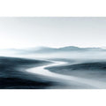 Misty blue gray mountain valley with winding river for calm modern living room decor.