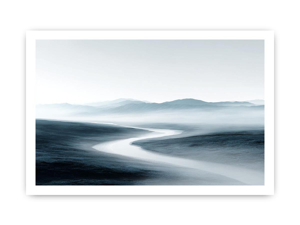 Misty blue gray mountain valley with winding river for calm modern living room decor.